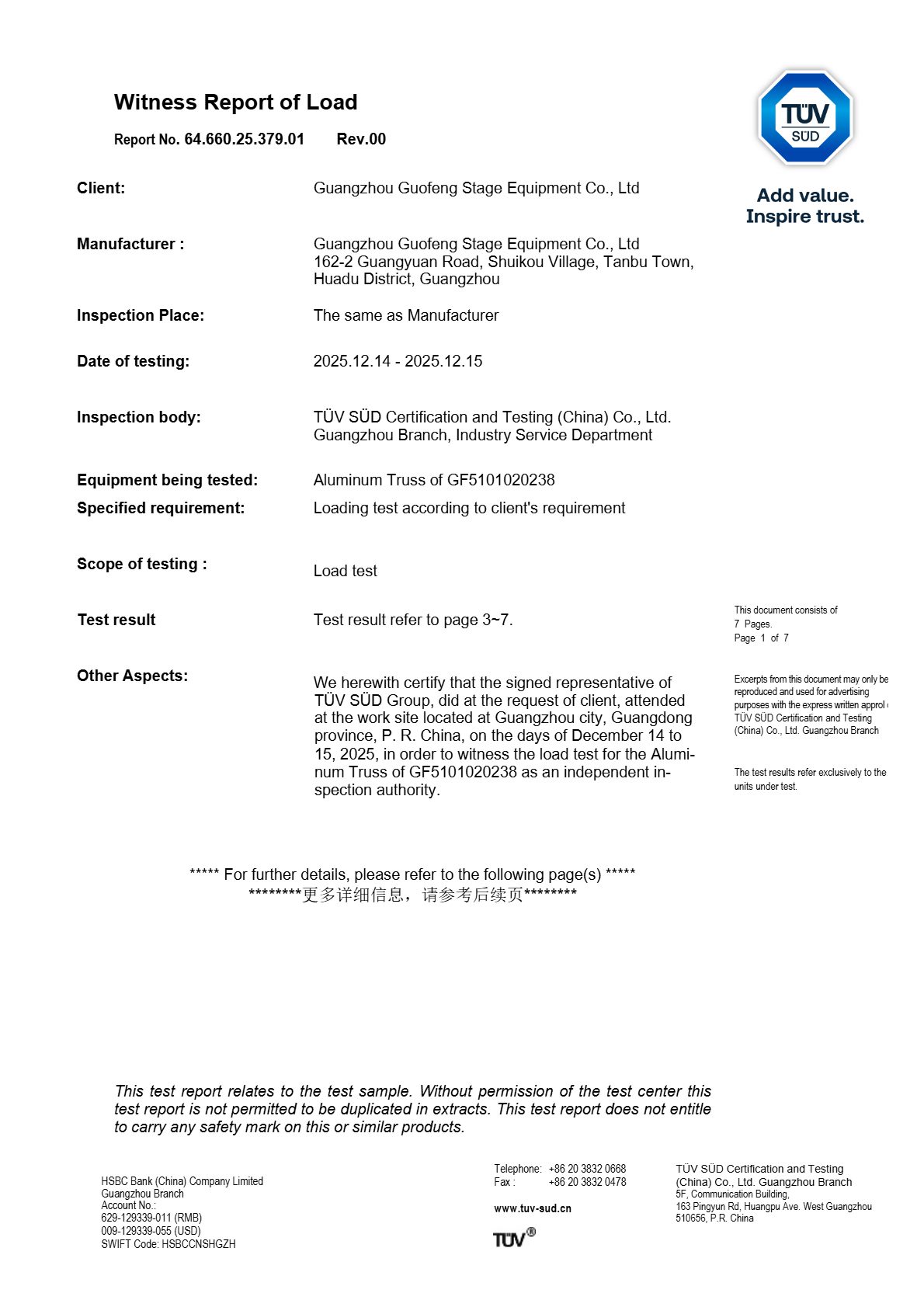 #Official TUV SUD load test certificate for 20m span aluminum stage truss