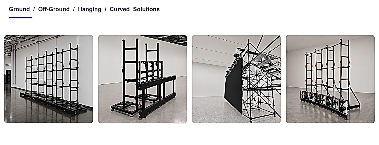 Aluminum LED wall support solutions for ground support, off-ground support, hanging and curved LED wall installations