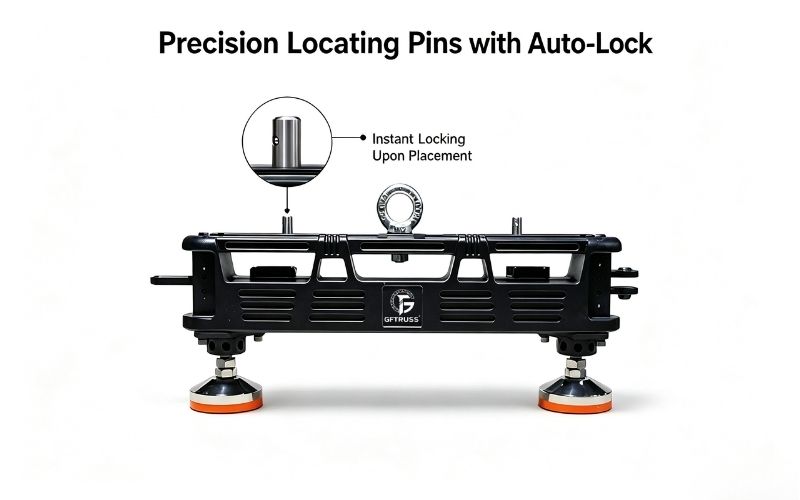 Auto lock locating pins on LED screen ground beam for instant cabinet alignment Auto lock locating pins on LED screen ground beam for instant cabinet alignment