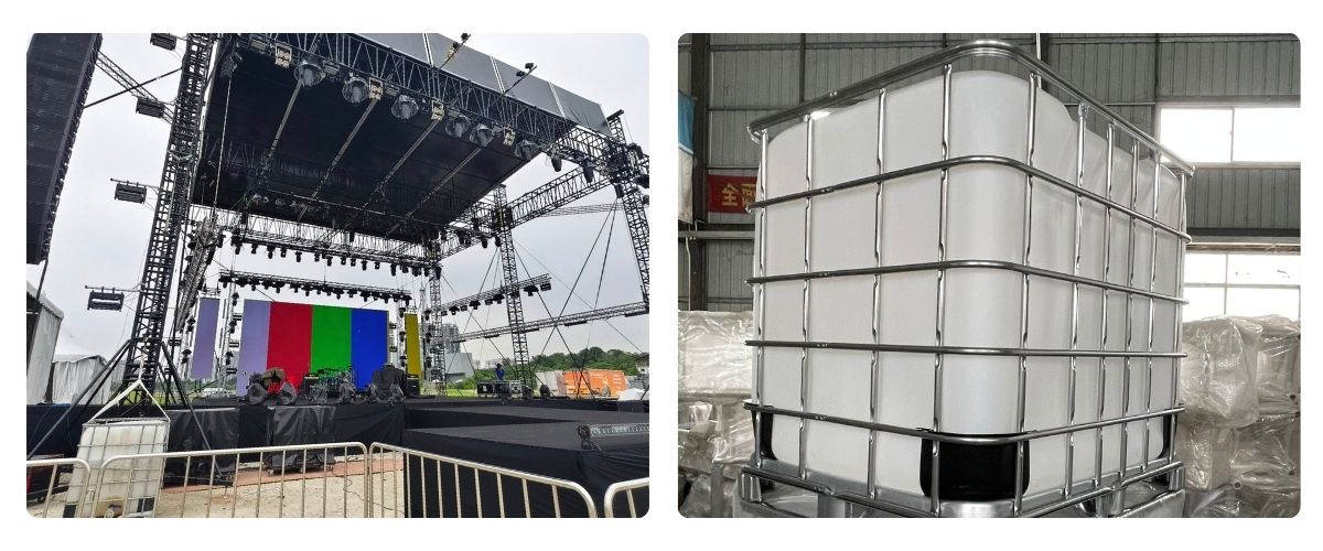 Outdoor concert truss roof system with water ballast tank for wind load stabilization