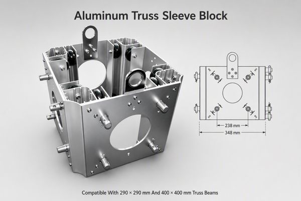 Aluminum truss sleeve block for stage roof systems at concerts and outdoor events