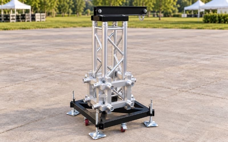 Steel ground support base for spigot truss pillars in stage concert structures Steel ground support base for spigot truss pillars in stage concert structures