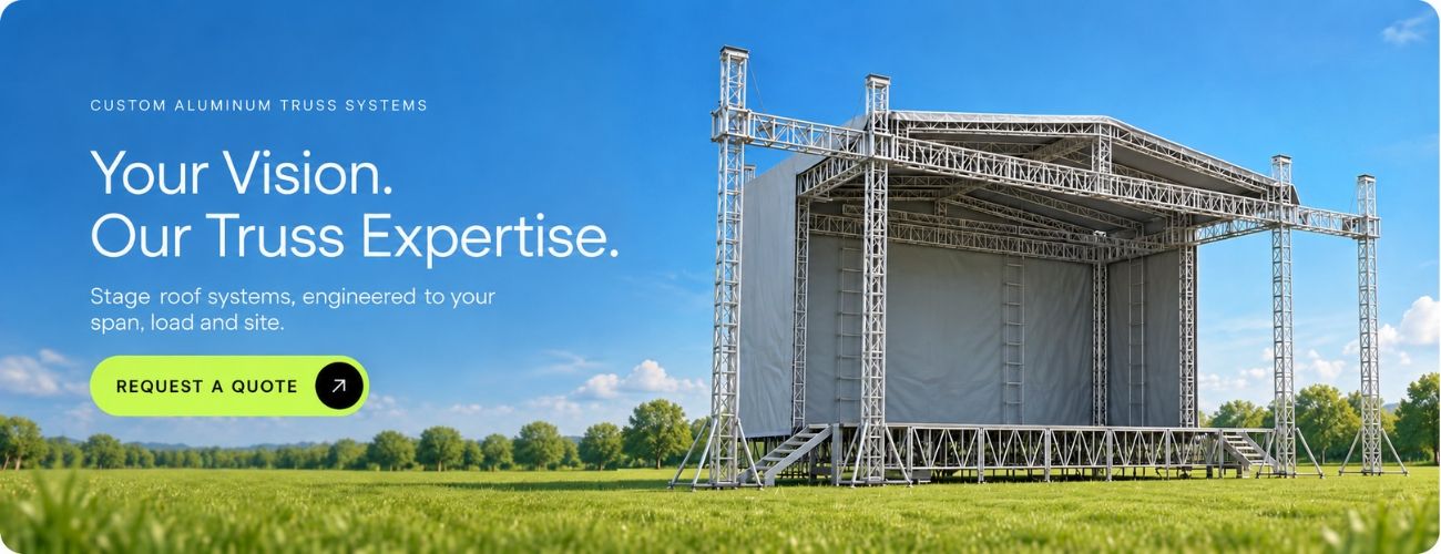 Custom aluminum truss structure engineered to project-specific span and load case